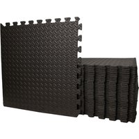 Black 60cm x 60cm interlocking EVA foam floor tiles, textured surface, stack of 12 pieces.