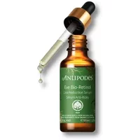 Amber bottle of Antipodes Eve Bio-Retinol Serum with green label and black dropper cap.