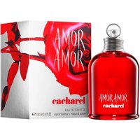 Red Cacharel Amor Amor Eau de Toilette 100ml bottle with silver cap, next to floral-themed box.
