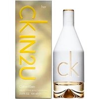 Calvin Klein IN2U Her 100ml Eau de Toilette spray with white bottle and gold accents, next to matching box.