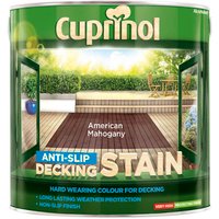 Cuprinol Anti-Slip Decking Stain can, American Mahogany, 2.5L, green label with deck image and product details.
