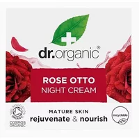 Dr. Organic Rose Otto Night Cream 50ml in white jar with red rose design and green leaf logo.