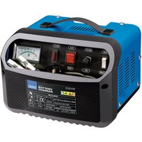 Blue and black Draper 12/24V 20-25A battery charger with analog gauge, handle, and multiple control switches.