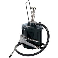 Draper GP-DA5 grease pump, black with silver handle, coiled hose, and spring-loaded mechanism.