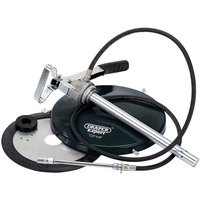 Draper GP-HP High Pressure Grease Pump with black hose, silver handle, and round base.