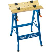 Blue Draper Tilt & Clamp Fold Down Workbench with wooden top, black clamps, and orange handles, 600mm size.