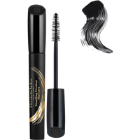 Black Elizabeth Arden mascara with gold accents, open tube showing spiral brush, black swatch above.
