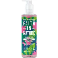Pink and green bottle of Faith in Nature Dragon Fruit Hand Wash, 400ml, with pump dispenser and bold white text.