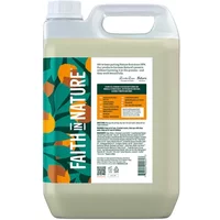5L bottle of Faith in Nature Jojoba Shampoo with green label and orange floral design, white cap.