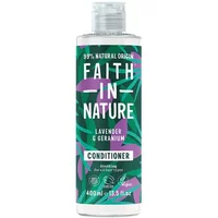 Faith in Nature Lavender & Geranium Conditioner 400ml, green bottle with purple flowers and white text.