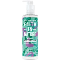 Faith in Nature Lavender & Geranium Hand & Body Lotion, 400ml pump bottle with green and purple leaf design.