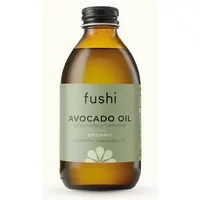 Amber glass bottle of Fushi Organic Avocado Oil 100ml with green label and black cap.