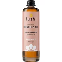 Fushi Organic Rosehip Seed Oil 100ml bottle with pink label, black cap, and white floral design.