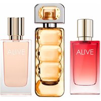 Hugo Boss Trio Women's Perfume Bundle with rectangular bottles; pink, amber, and red hues; silver caps.