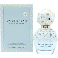 Light blue Marc Jacobs Daisy Dream perfume bottle with white floral design and gold accents, 50ml.