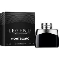 Black Mont Blanc Legend Eau de Toilette bottle with silver cap, next to matching black box, 30 ml size.