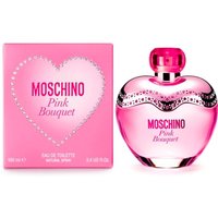 Pink heart-shaped Moschino Pink Bouquet Eau de Toilette bottle with matching pink box, adorned with silver accents.