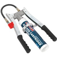 Sealey AK4403 double lever grease gun with black handles, silver body, and attached flexible hose.