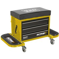 Yellow Sealey utility seat with black cushioned top, three drawers, side trays, and caster wheels.