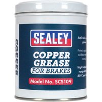 Sealey SCS109 500g Copper Grease in a blue and white tin with red Sealey logo and text for brakes.