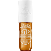 Amber bottle of Sol de Janeiro Cheirosa '71 mist with white cap and embossed logo, 90 ml size.