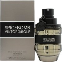 Spicebomb Eau de Toilette 50ml by Viktor & Rolf, grenade-shaped bottle with black band and cap, next to silver box.