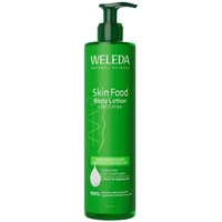 Green Weleda Skin Food Body Lotion bottle, 250ml, with pump dispenser and white text.