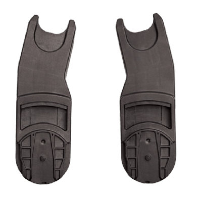 Black plastic L-type adapter designed for baby car seats, featuring a sturdy, contoured shape with a textured grip and secure attachment points.