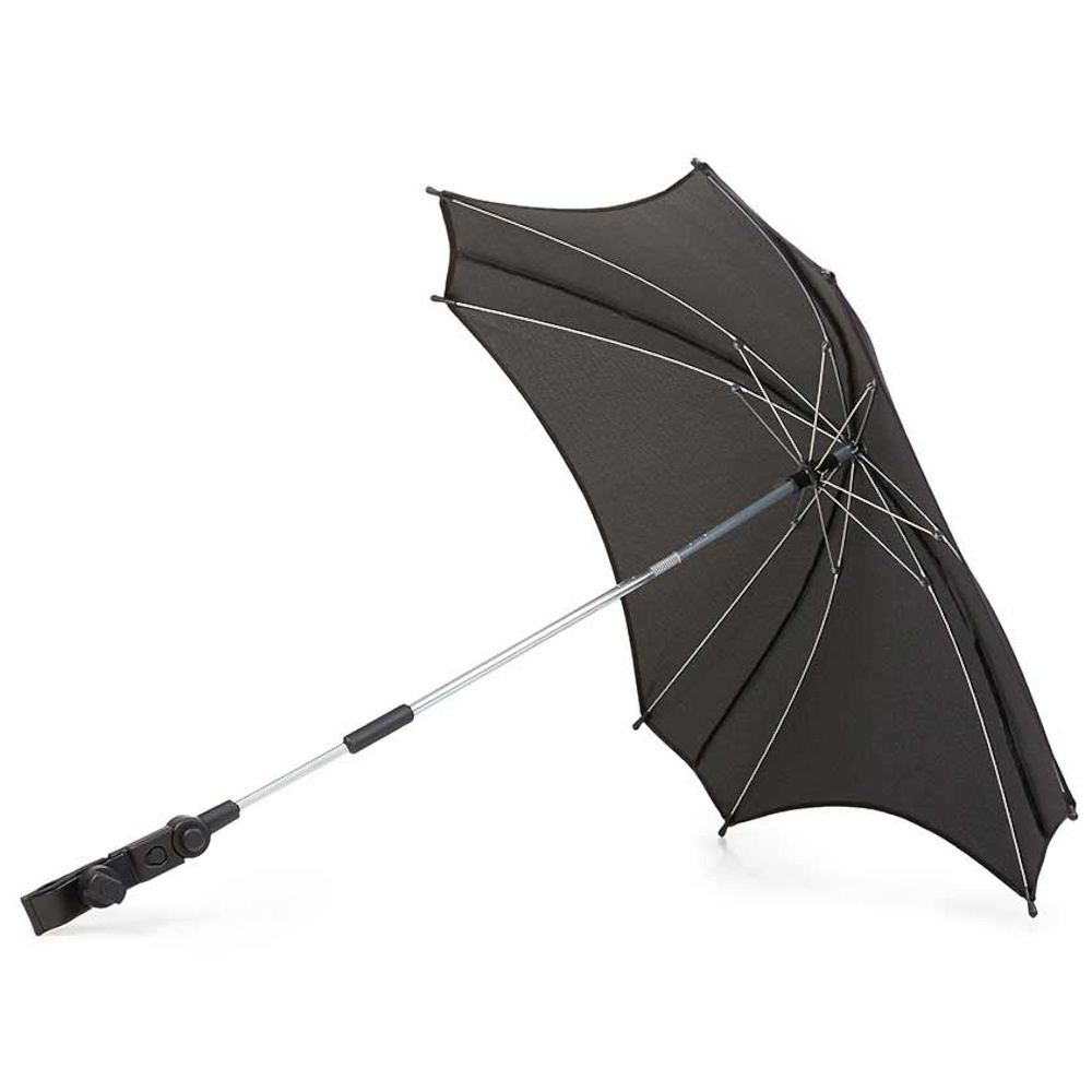 Black Anex Sonnenschirm Q1 umbrella with a silver metal frame, featuring a sturdy adjustable pole and a clamp for easy attachment.