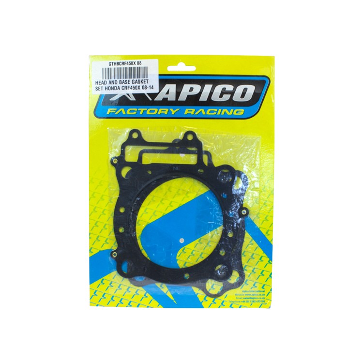 Apico Head & Base Gasket Kit for Honda CRF450X (2008-2018) featuring a black gasket on a bright yellow and blue packaging with the Apico logo and product details.