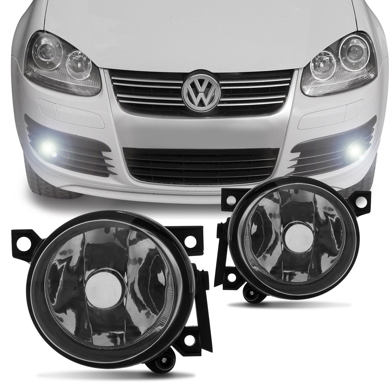 Two round black fog lights for Jetta (2007-2010) and Amarok (2010-2014), featuring clear lenses and mounting brackets, positioned in front of a silver Volkswagen car.