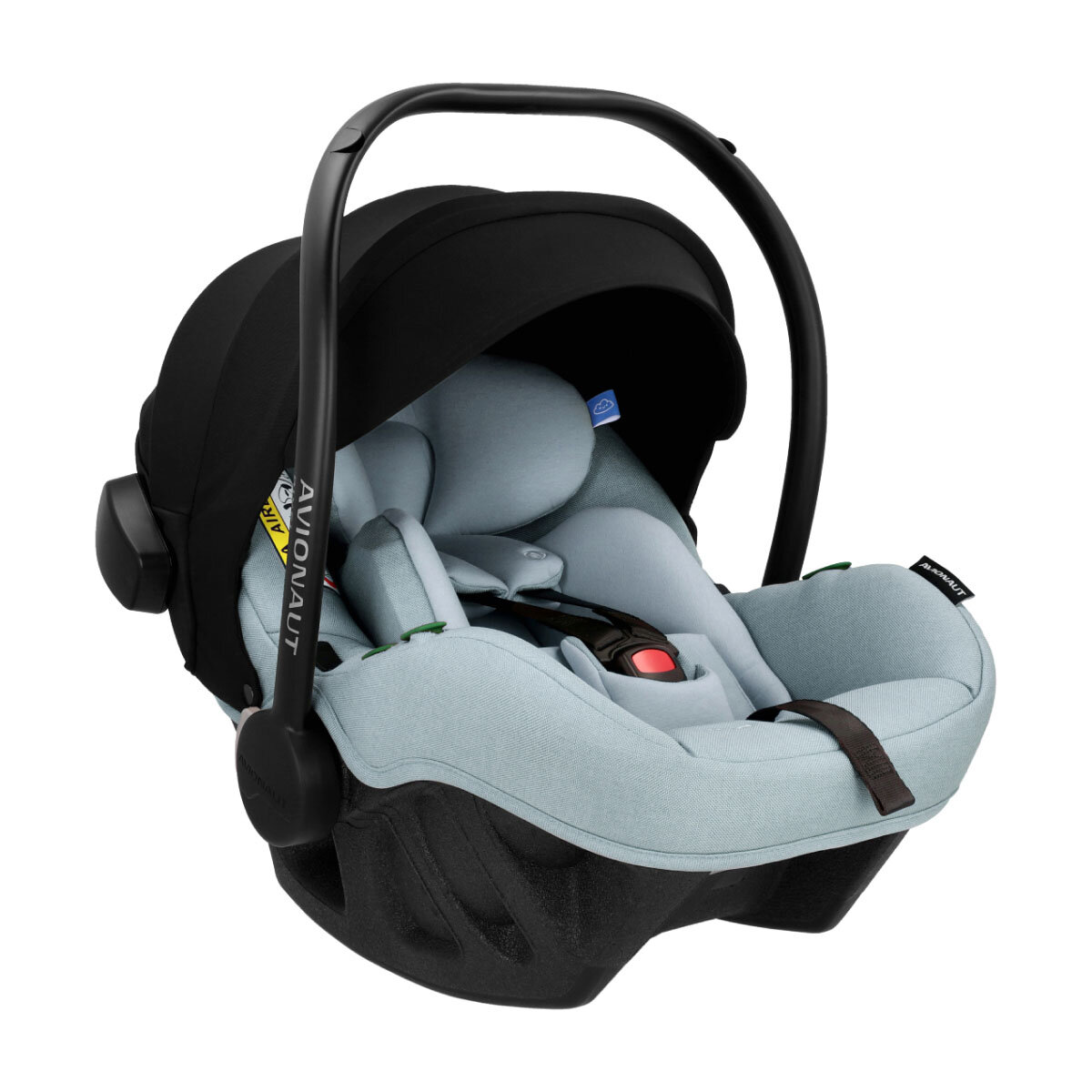 Avionaut Pixel Pro 2.0 infant carrier in mint green fabric with a black canopy, featuring a padded seat, adjustable harness, and a sturdy base for safety.