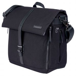 Black canvas 2-in-1 convertible backpack and shoulder bag featuring a fold-over flap, insulated bottle holder, large wipeable changing mat, and stroller clips.