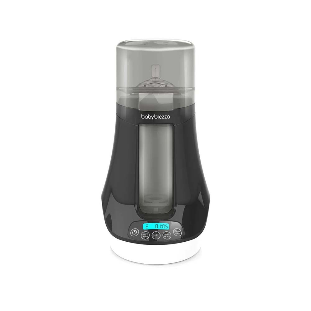 A sleek black and white Baby Brezza Bottle and Breastmilk Warmer with a transparent top, digital display, and control buttons for easy temperature adjustments.