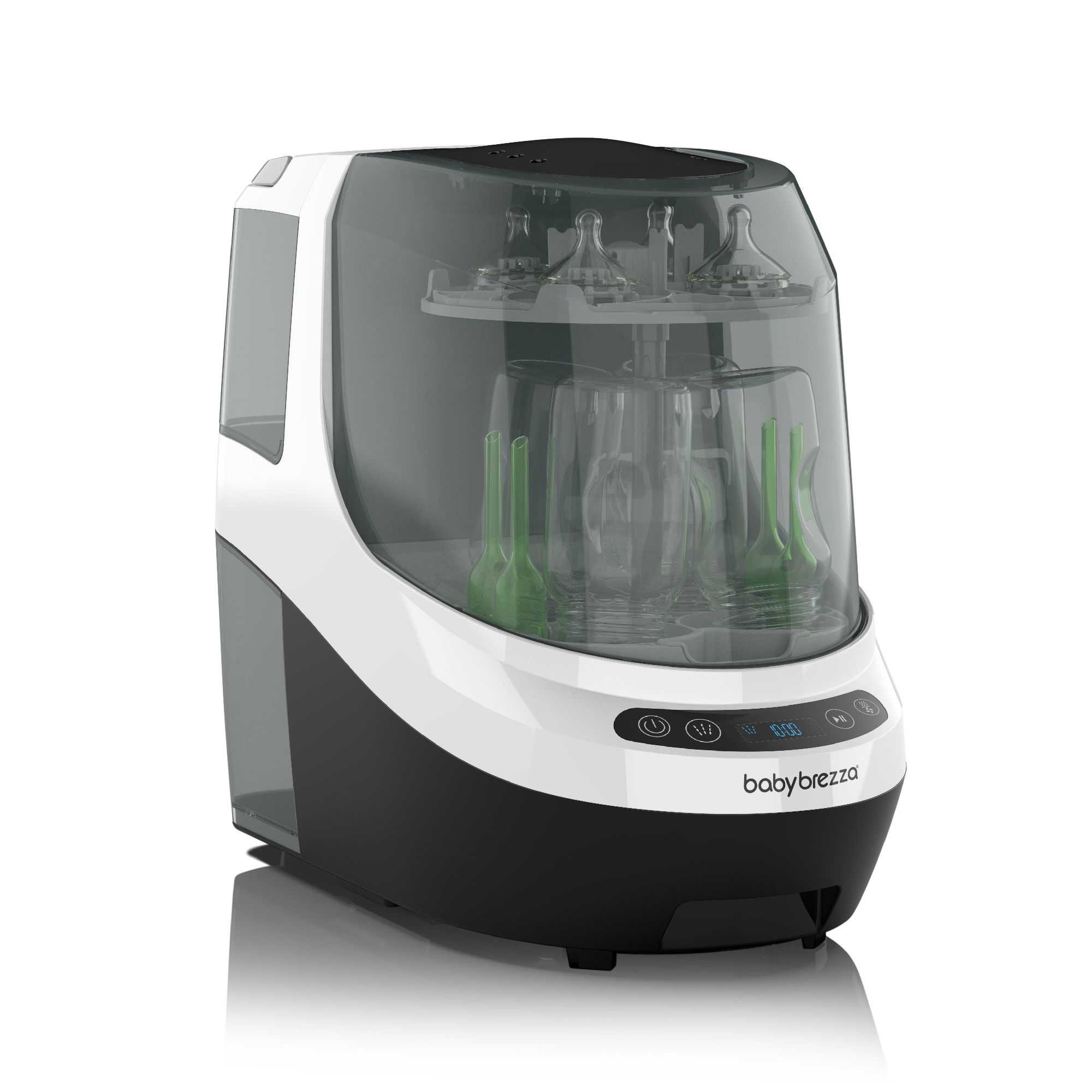 The Baby Brezza Bottle Washer Pro features a sleek white and black design with a transparent top, holding multiple baby bottles and accessories for efficient cleaning.