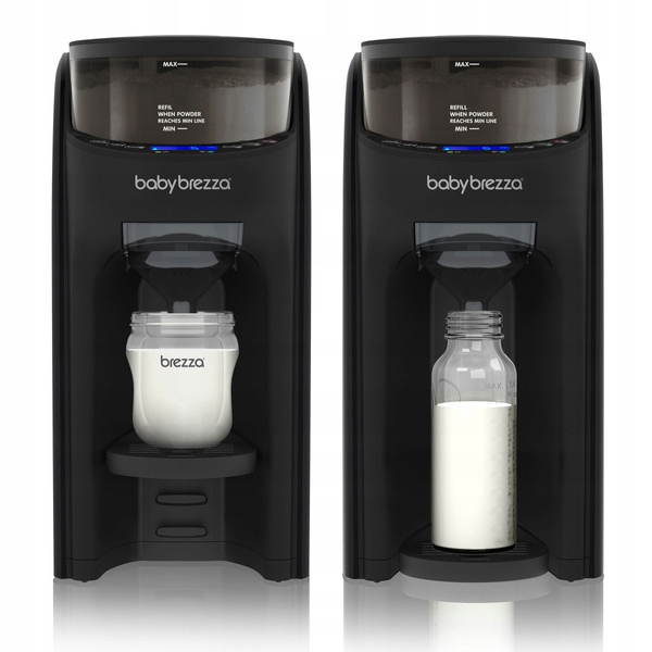 Baby Brezza Formula Pro Advanced in all black, featuring a sleek design with a digital display, a powder container, and a bottle holder for easy formula preparation.