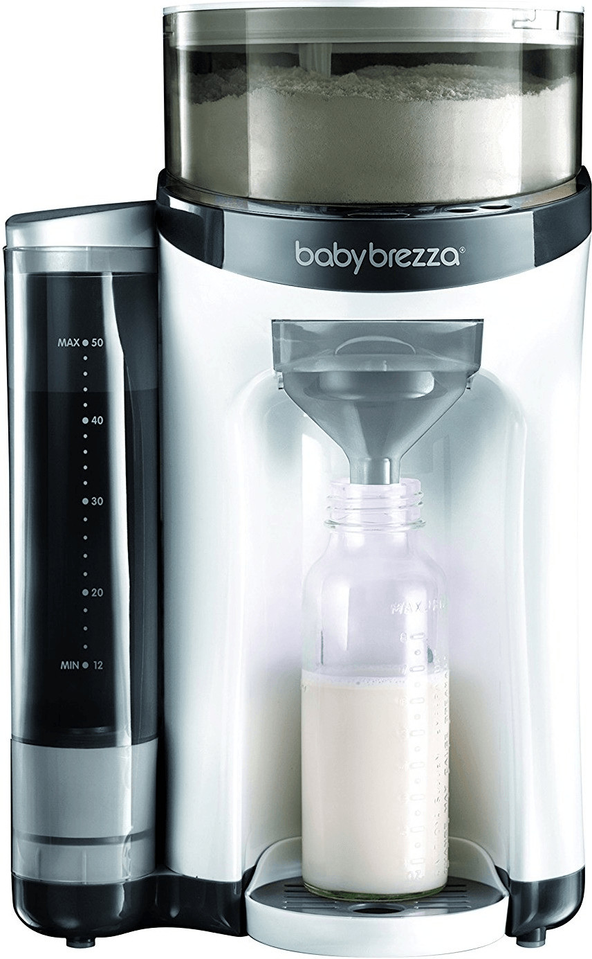 White and black Baby Brezza Formula Pro Advanced machine with a transparent container for formula, a funnel, and a baby bottle positioned below, featuring measurement markings.