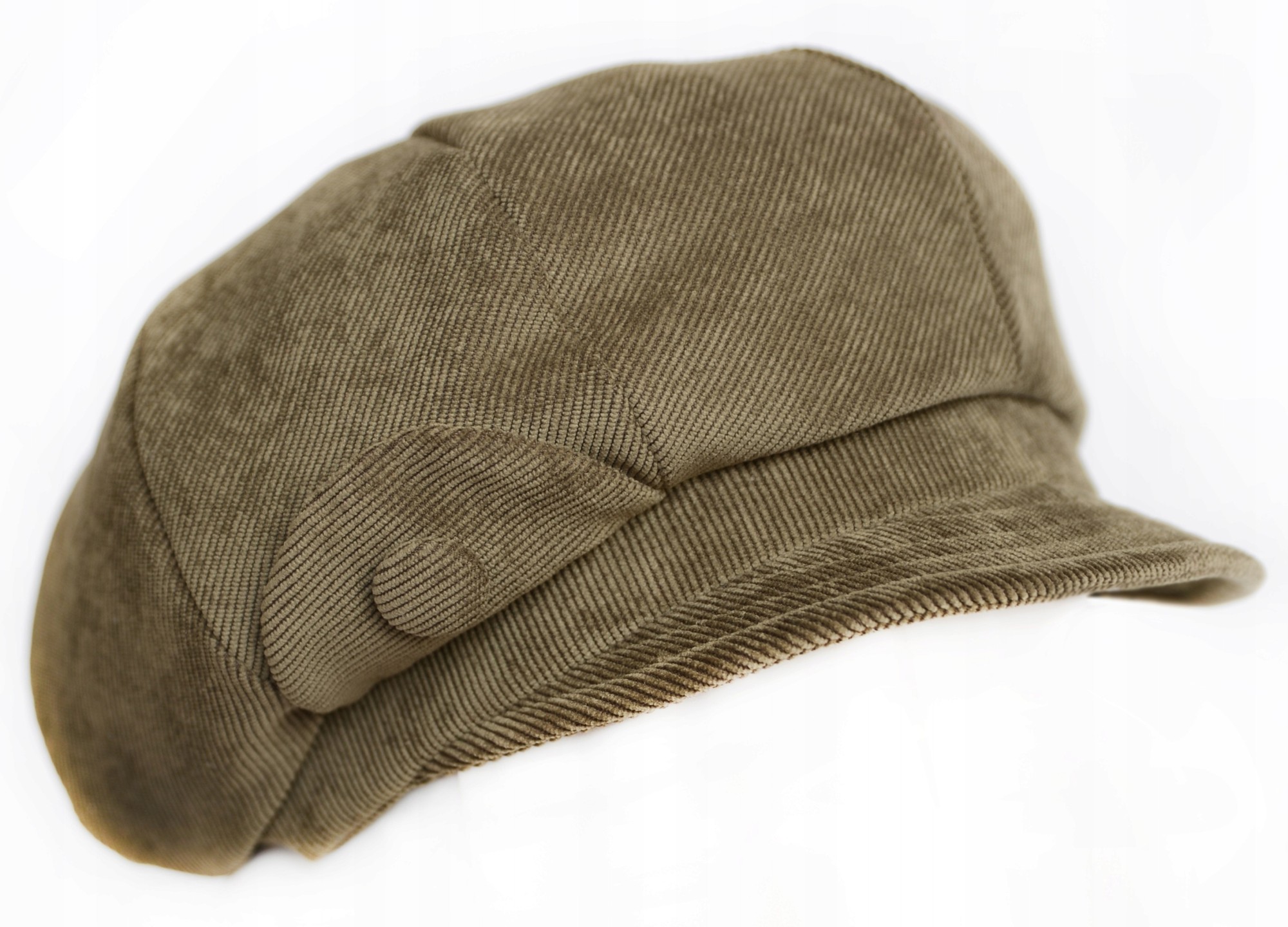 Green corduroy cap with a rounded crown, a wide, curved brim, and a decorative button on the side, showcasing a textured fabric and stylish design.