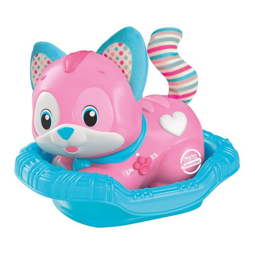 Pink interactive pet with a blue base, featuring polka-dotted ears and a striped tail, designed for baby care play, with buttons for sounds and responses.