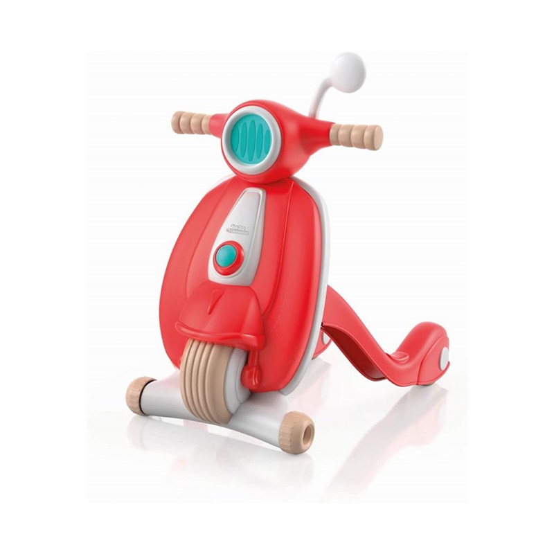 Bright red baby scooter walker with a retro design, featuring a turquoise front light, beige handlebars, and smooth wheels for easy maneuverability.