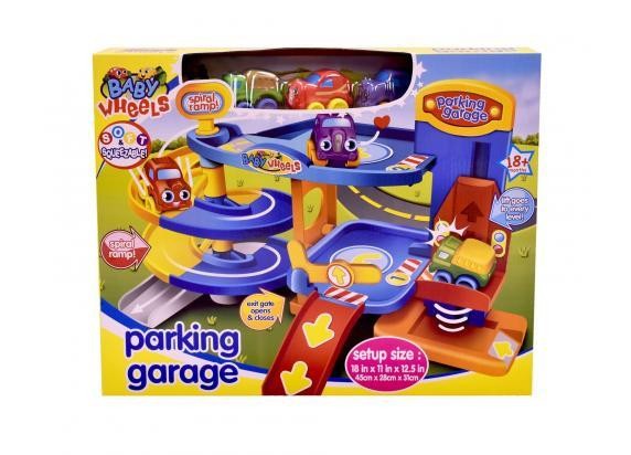 Colorful Baby Wheels Parking Garage playset featuring a spiral ramp, multiple levels, and four toy cars, designed for children aged 18 months and up.