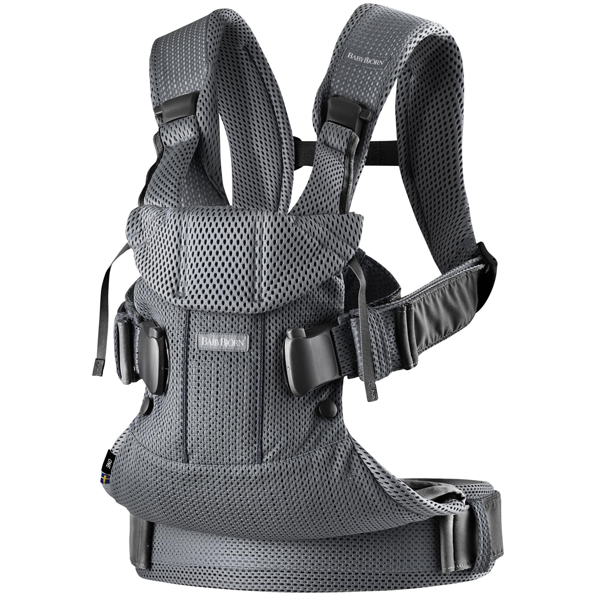 BABYBJÖRN One Air baby carrier in anthracite, made from breathable 3D mesh, featuring adjustable straps and ergonomic design for comfort and support.