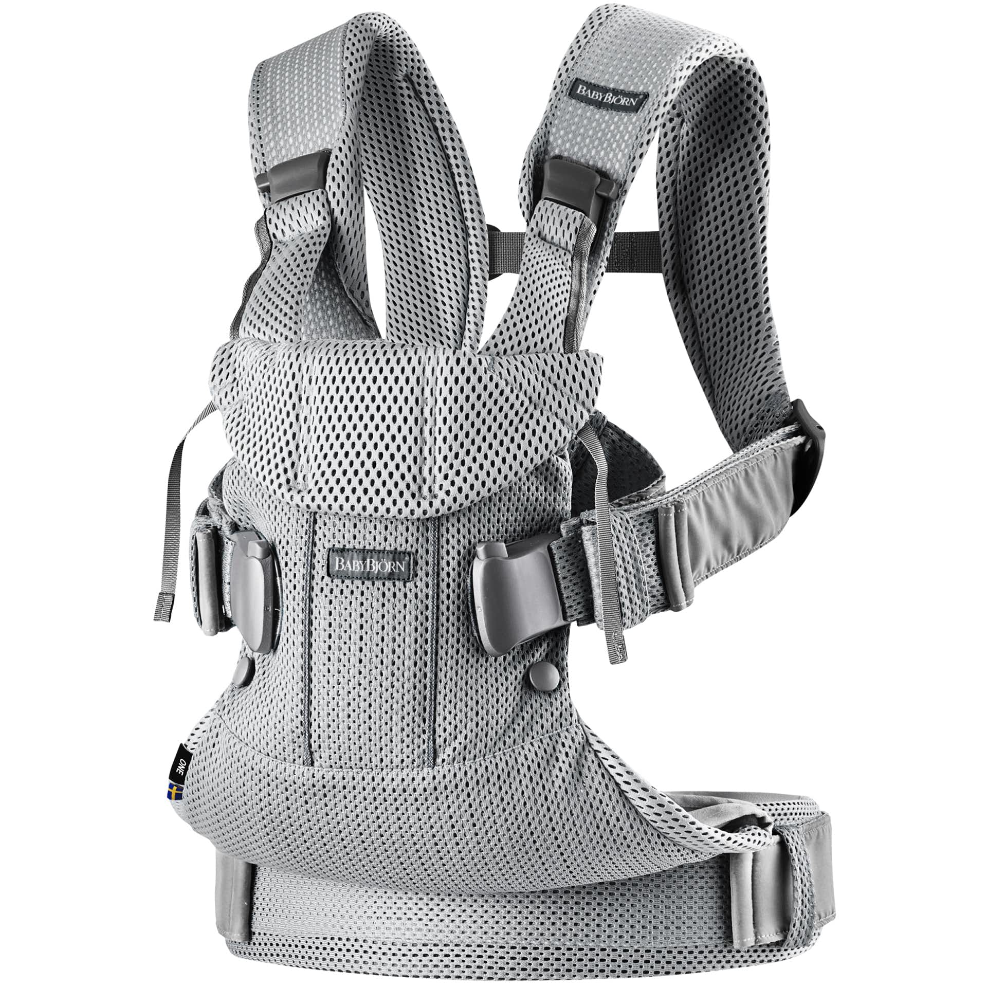 Light silver baby carrier made of breathable 3D mesh, featuring adjustable straps, a supportive seat for infants, and a secure buckle system for comfort and safety.