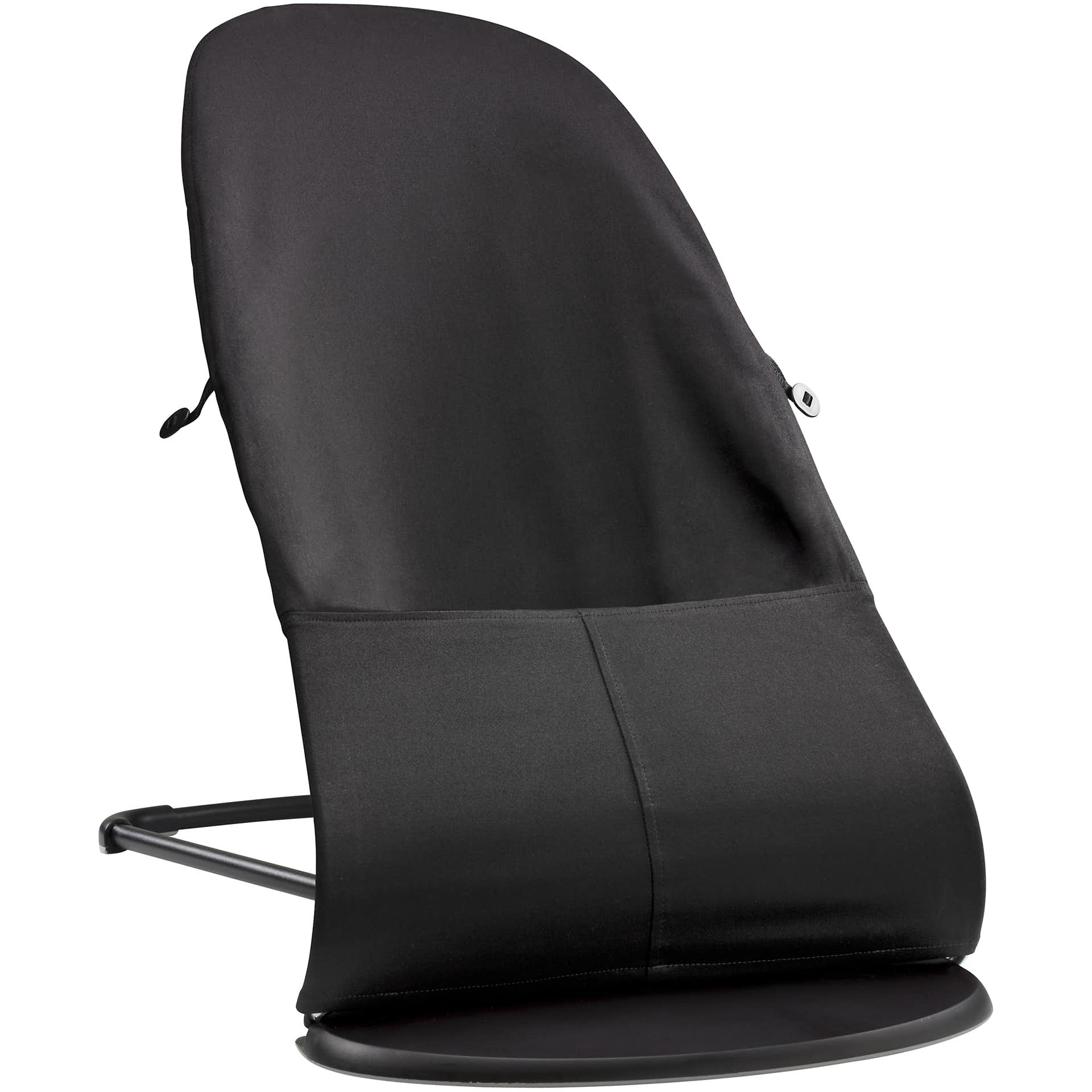 Black and dark grey BABYBJÖRN Bouncer Balance Soft made of cotton, featuring a sleek, ergonomic design with a sturdy frame and adjustable harness for safety.