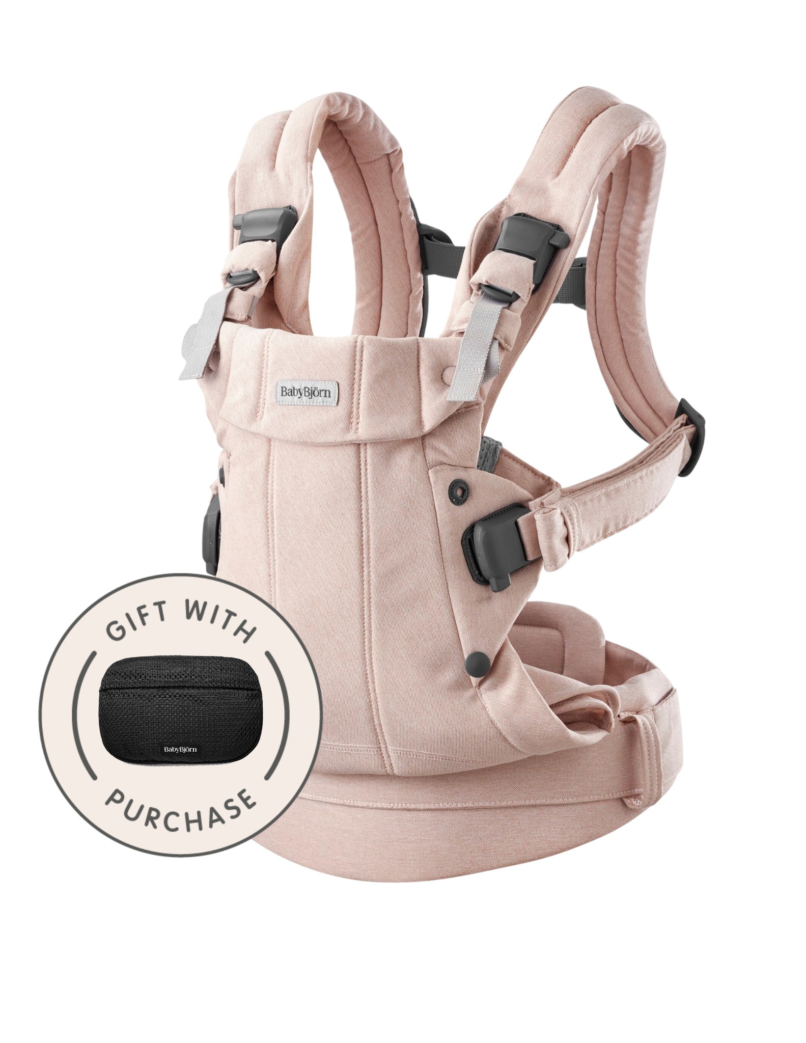 Light pink Baby Carrier Harmony by BabyBjorn, made from woven mélange fabric, features adjustable straps, a supportive design, and includes a black carrying pouch as a gift with purchase.