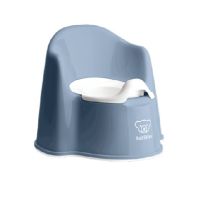 Deep blue potty chair with a white removable seat, featuring a smooth plastic design and a backrest for comfort, ideal for toddlers during potty training.