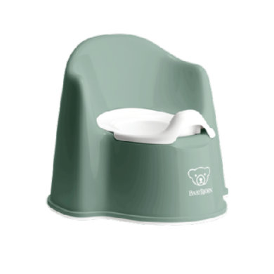 Deep green potty chair with a white removable inner bowl, featuring a comfortable backrest and a bear logo on the front, designed for toddlers.
