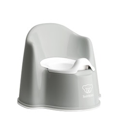 Grey and white BabyBjorn potty chair featuring a smooth plastic design, ergonomic backrest, and removable inner bowl for easy cleaning.