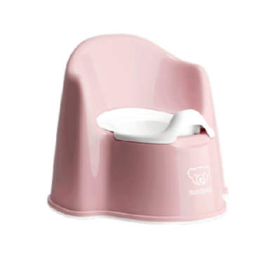 Powder pink potty chair with a white removable inner bowl, featuring a bear logo, designed for toddlers with a comfortable backrest and sturdy base.
