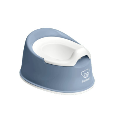 Deep blue and white BabyBjorn Smart Potty made of durable plastic, featuring a comfortable design with a high back and a removable inner bowl for easy cleaning.